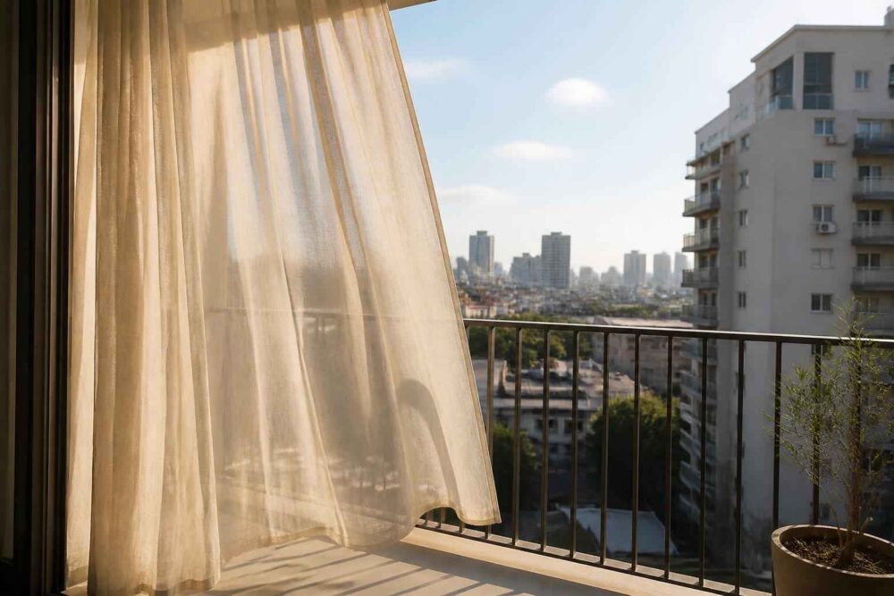 Balkon z powiewającą firanką i widokiem na miejską panoramę