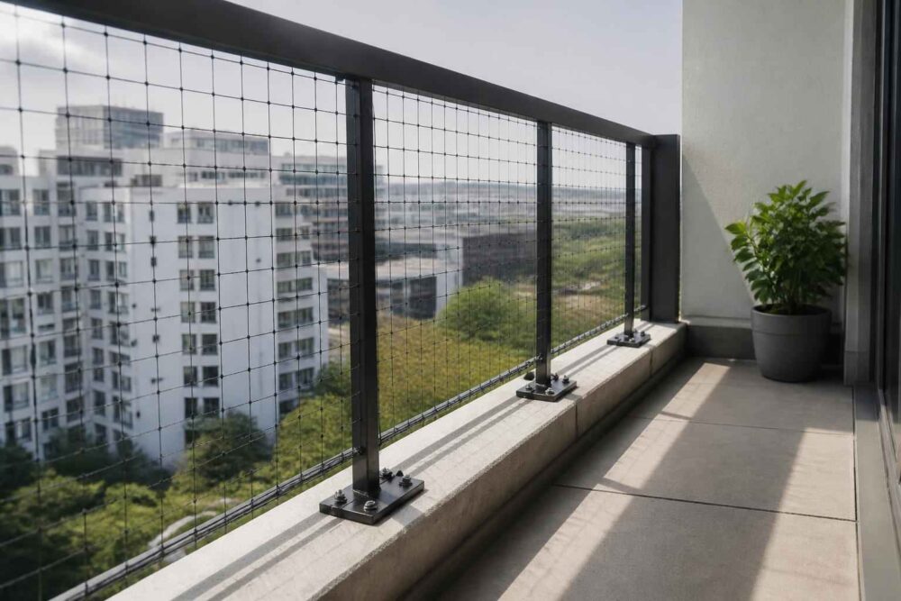 Balkon z metalową balustradą i rośliną doniczkową, z widokiem na miejskie osiedle mieszkaniowe