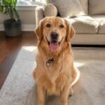 Golden retriever siedzi na dywanie w jasnym salonie i patrzy w obiektyw
