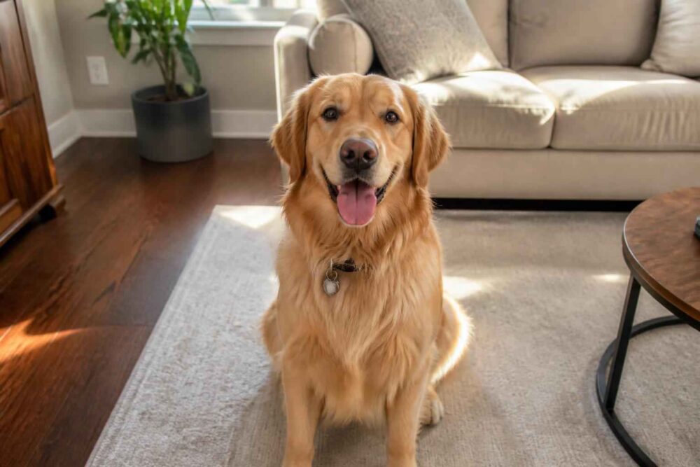 Golden retriever siedzi na dywanie w jasnym salonie i patrzy w obiektyw