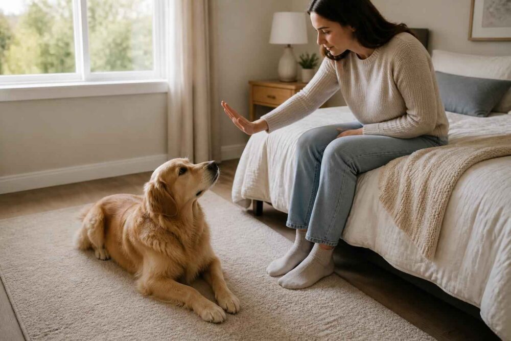 Kobieta siedzi na łóżku i wyciąga dłoń w stronę leżącego golden retrievera