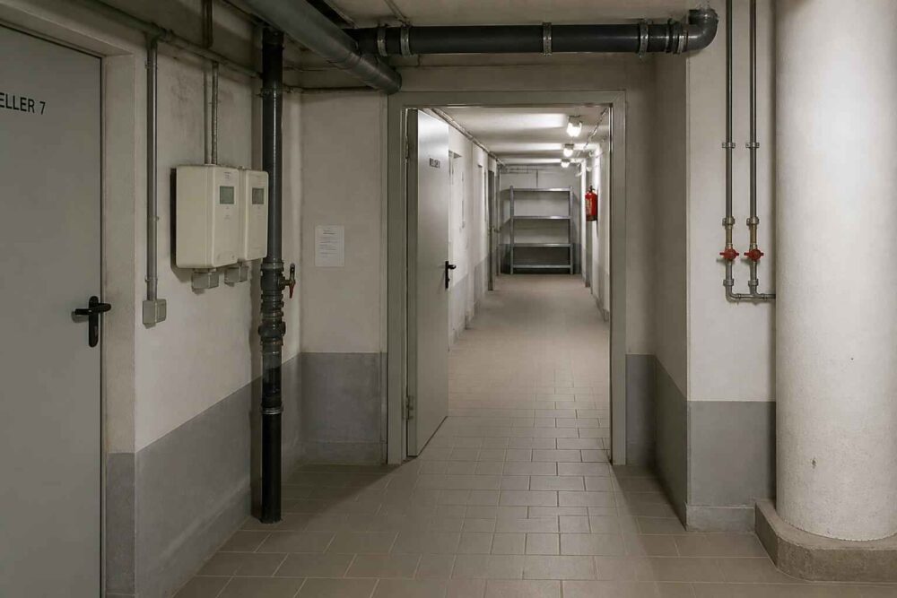 Długi podziemny korytarz z instalacjami rurowymi, drzwiami i metalowym regałem na końcu Gkjg.