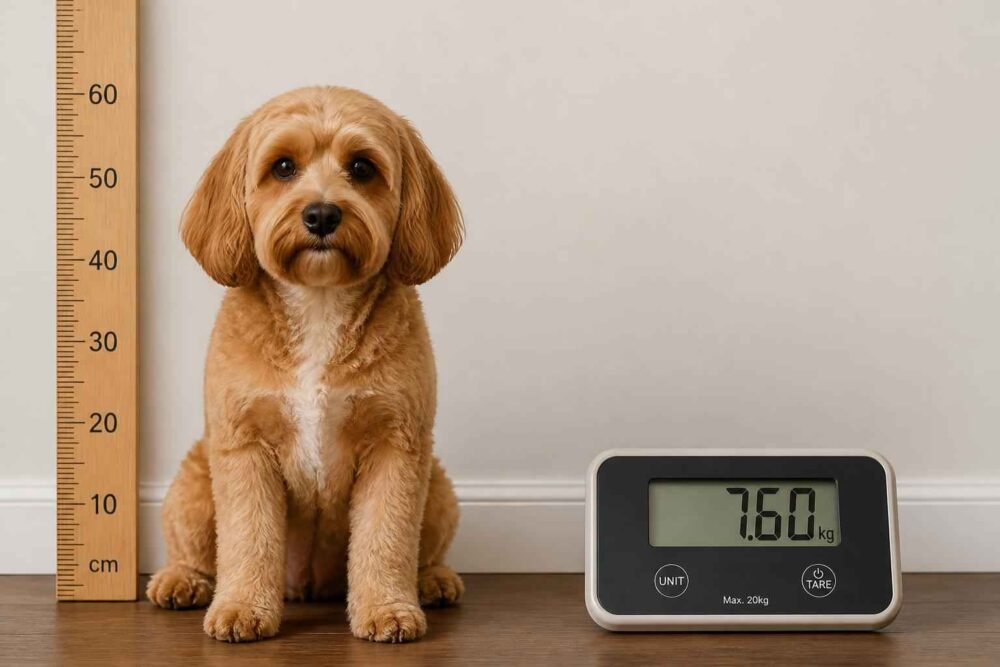 Mały brązowy pies siedzi obok elektronicznej wagi pokazującej 7,60 kg i miarki wzrostu