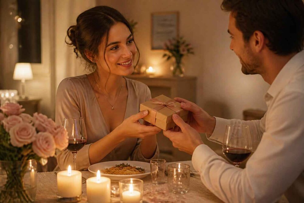 Para podczas romantycznej kolacji, gdy kobieta otrzymuje zapakowany prezent przy świecach