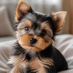 Mały yorkshire terrier siedzi na jasnej kanapie i patrzy w obiektyw