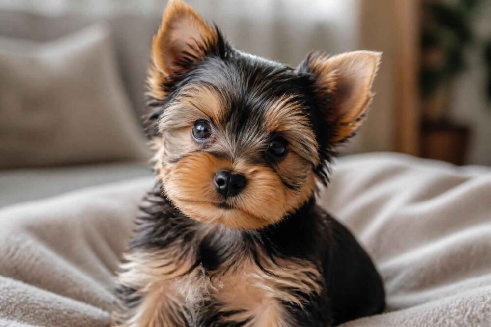 Mały yorkshire terrier siedzi na jasnej kanapie i patrzy w obiektyw