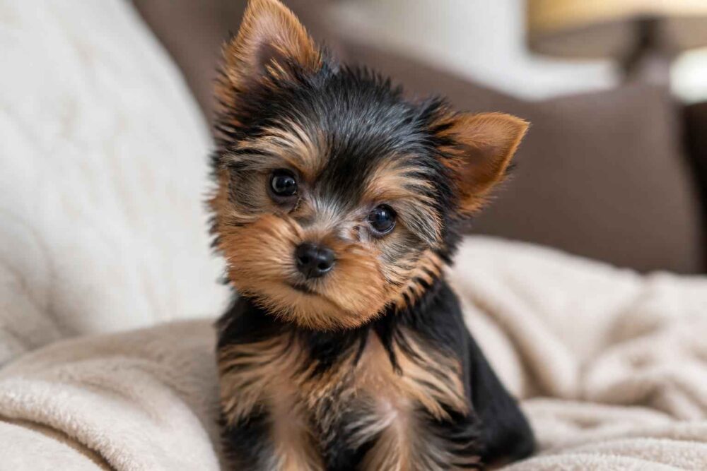 Yorkshire terrier siedzący na miękkim kocu Mały yorkshire terrier siedzi na beżowym kocu i patrzy w obiektyw